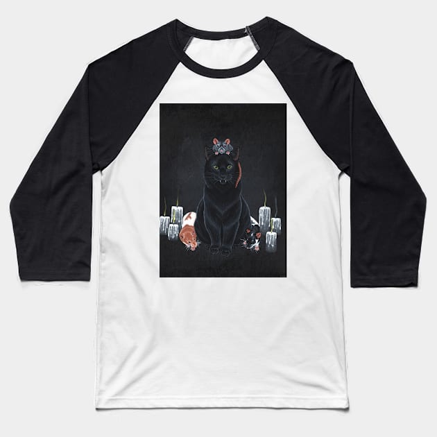 Black Cat and Fancy Rats Baseball T-Shirt by WolfySilver